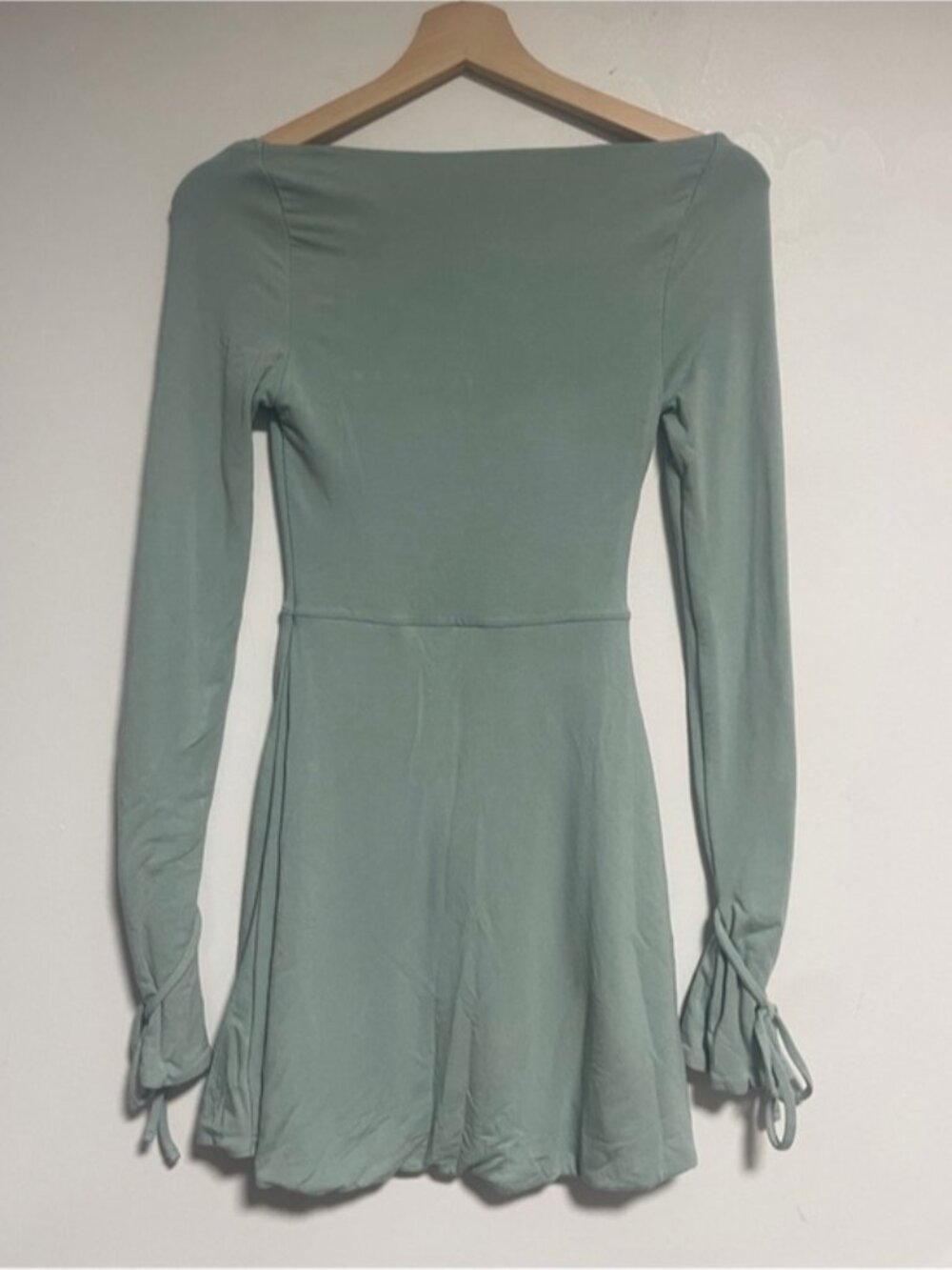 Sage Green Square Neck Long Sleeve Mini Dress with Side Slit - Picture 6 of 8